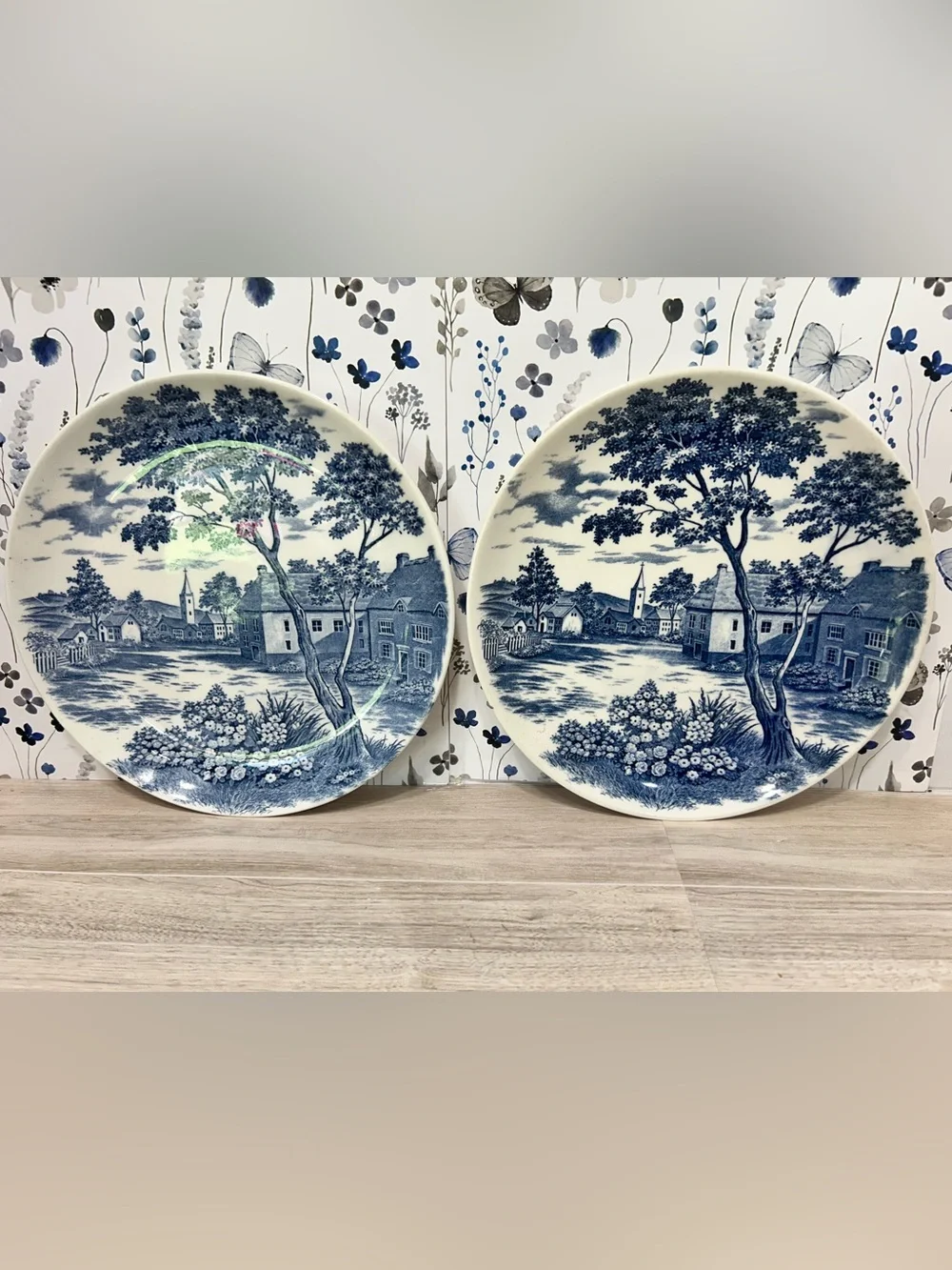 Vintage English Village Japan Blue Transferware Plates Pair